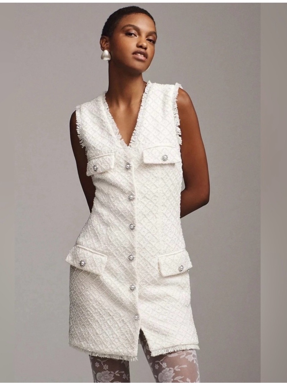 BHLDN Ivory Tweed Sleeveless Button-Front Midi Dress